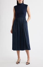Vince Camuto Mixed Media Rib Funnel Neck Midi Dress