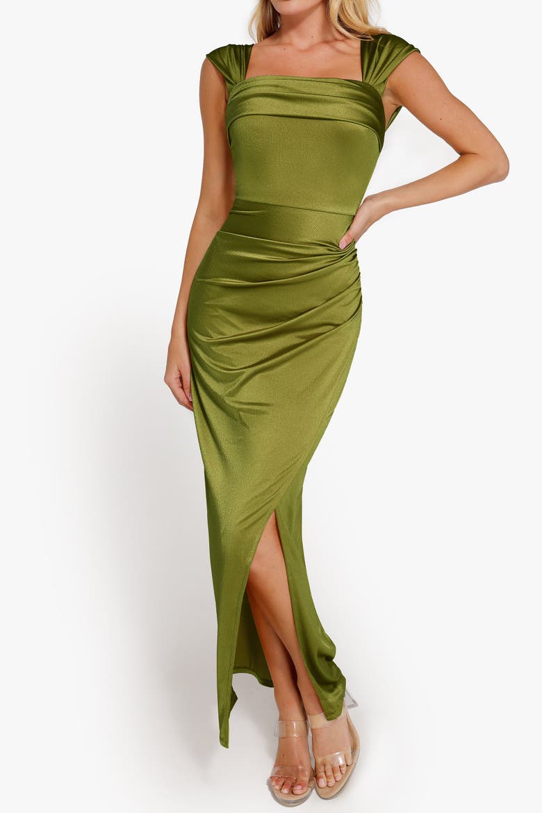 Liquid Metallic Fabric Off Shoulder Shine Ruched Sculpting Maxi Shapewear Dress, Alternate, color, Metallic Olive