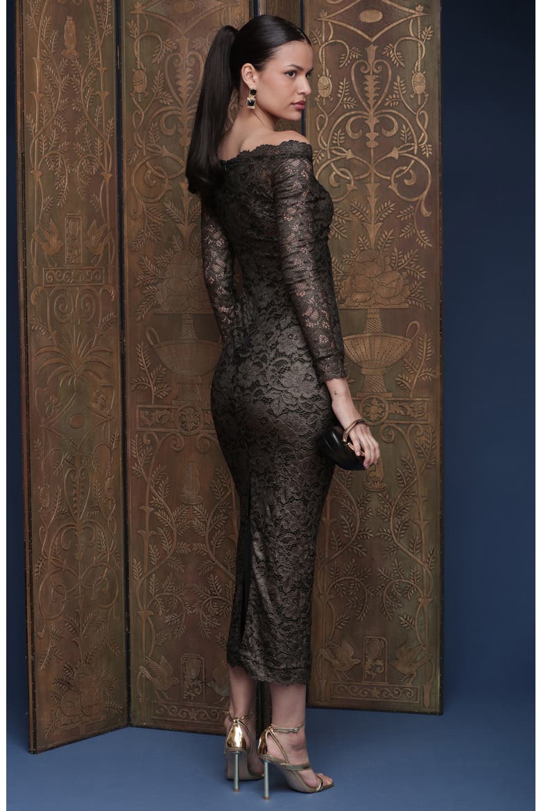 Lace Off the Shoulder Long Sleeve Midi Dress, Alternate, color, BLACK AND GOLD