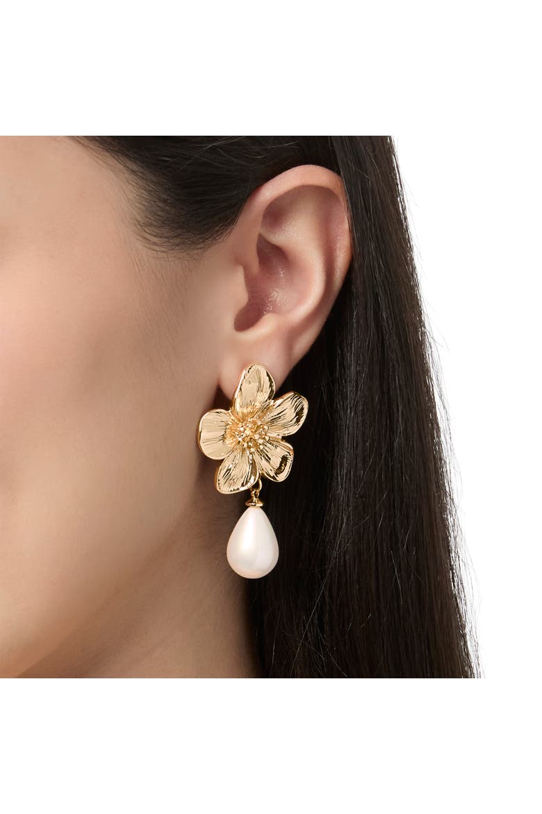 Gold-Tone Flower Earrings with Dangling Faux Pearl, Drop Earrings for Women, Alternate, color, Gold tone