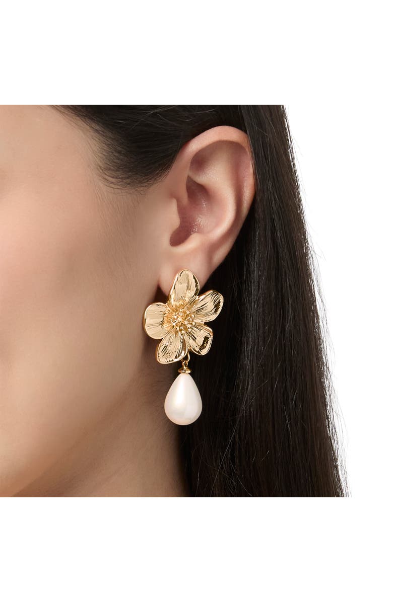 Jessica Simpson Gold-Tone Flower Earrings with Dangling Faux Pearl, Drop Earrings for Women, Alternate, color, Gold Tone