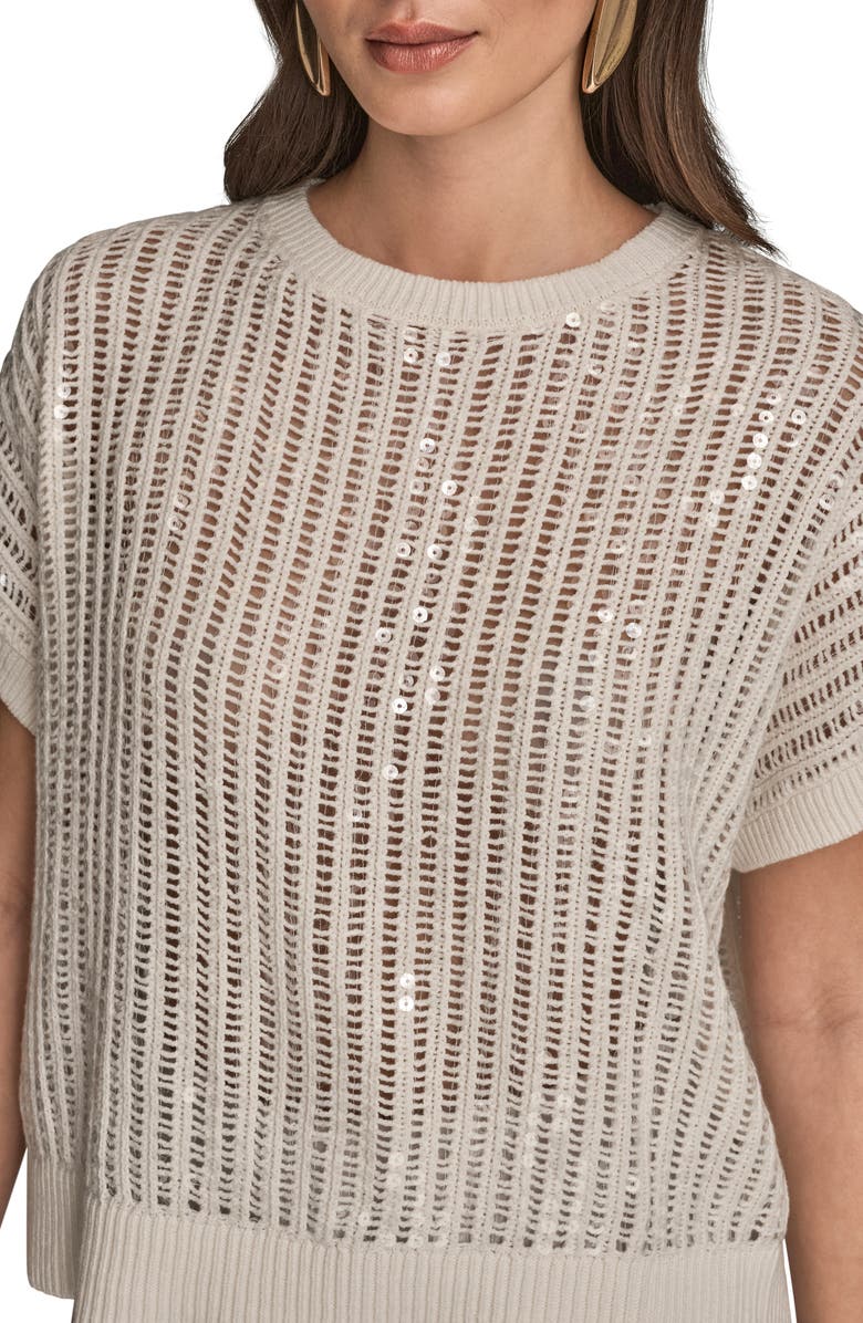 Donna Karan New York Sequin Open Stitch Short Sleeve Sweater, Alternate, color, Cream