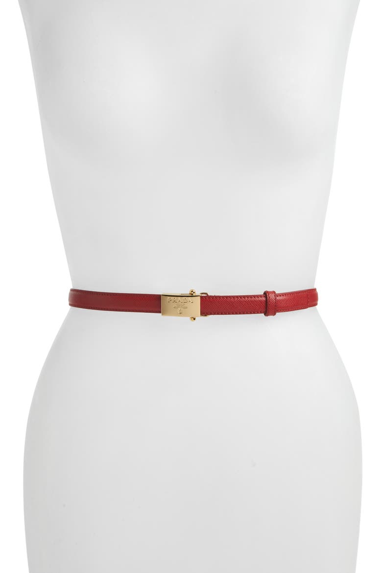Logo Buckle Saffiano Leather Skinny Belt, Main, color, FUOCO/ GOLD
