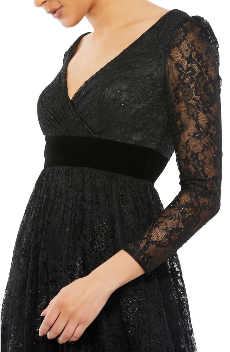 Mac Duggal Lace Long Sleeve Wrap Over Velvet Waistband A Line, Alternate, color, Black