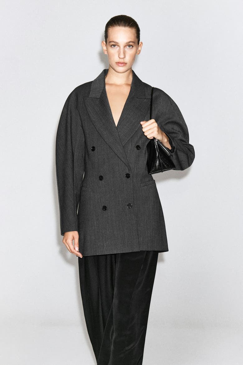 Sculpted Double-breasted Long-line Blazer, Alternate, color, GRAY MÉLANGE