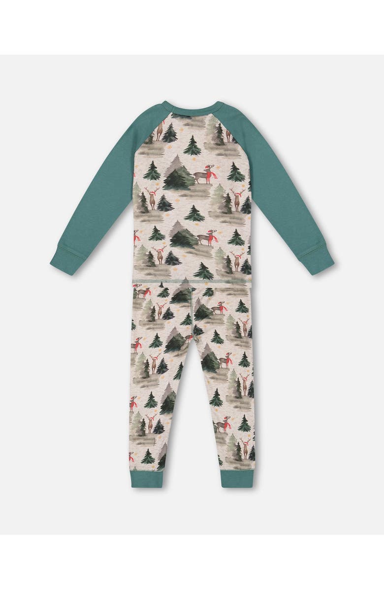 Deux par Deux Baby Boy's Organic Cotton Two Piece Pajama Set Gray Mix And Green Printed Reindeer, Alternate, color, 