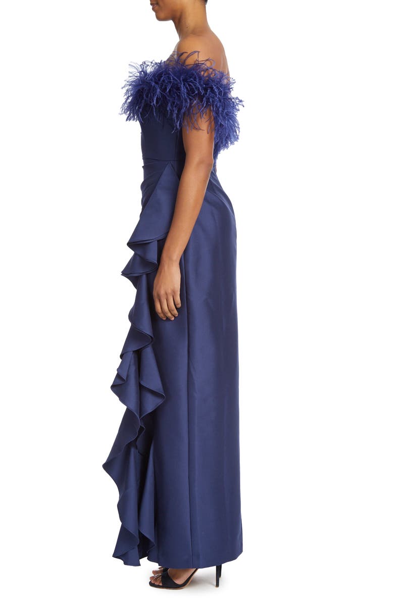 Badgley Mischka Collection Ruffle Off the Shoulder Feather Trim Gown, Alternate, color, 