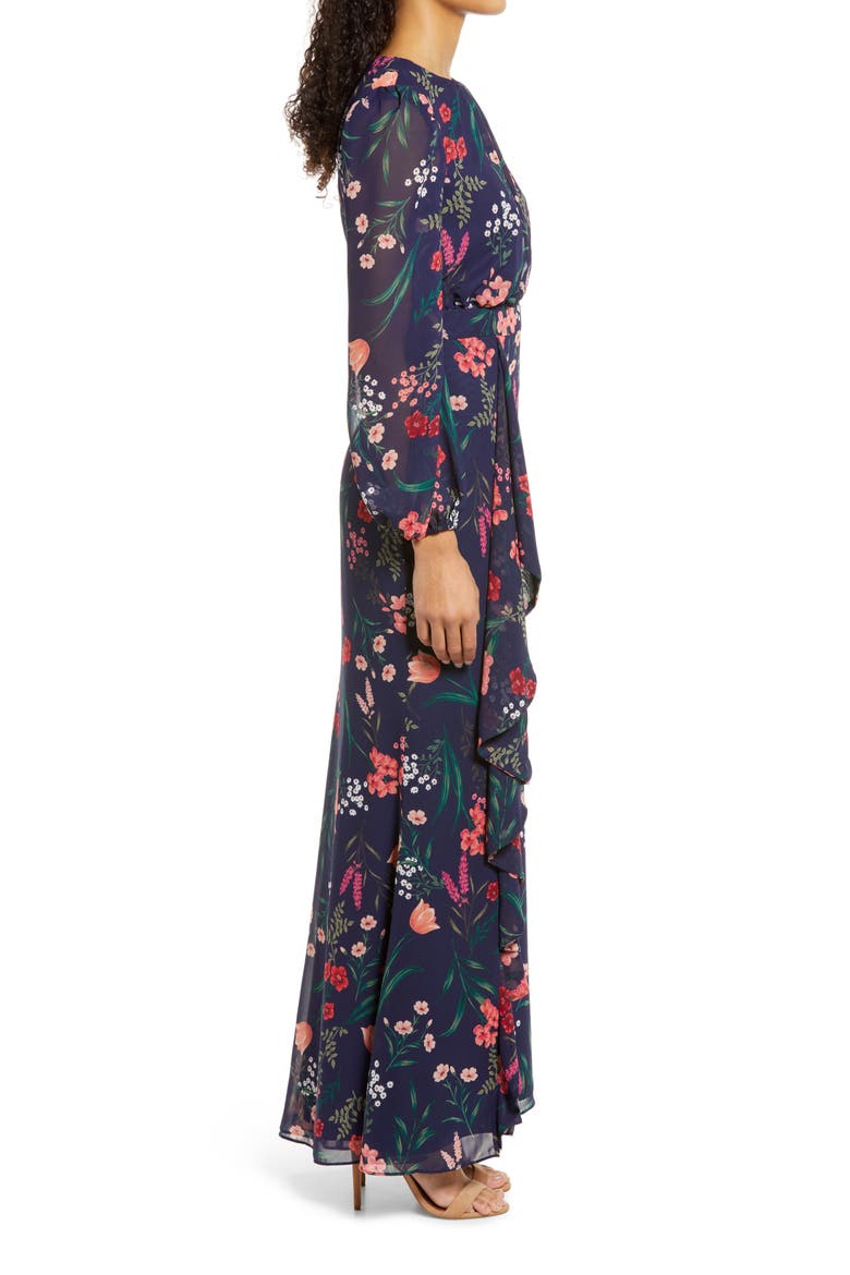 Floral Cascade Ruffle Long Sleeve Dress, Alternate, color, NAVY