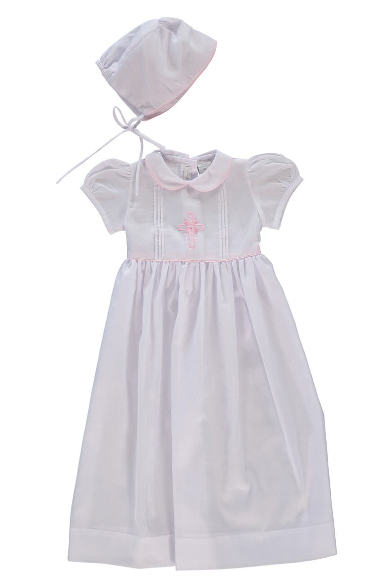 Embroidered Christening Gown & Bonnet Set, Main, color, WHITE