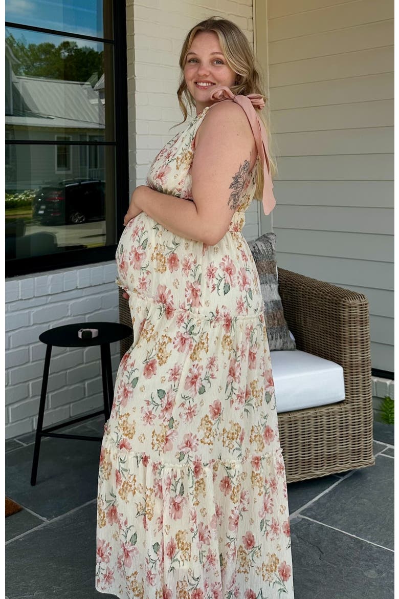 Floral Shoulder Tie Deep V-Neck Tiered Maxi Dress, Alternate, color, Cream
