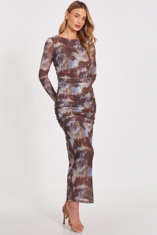 Quiz Mesh Long Sleeve Maxi Dress In Brown