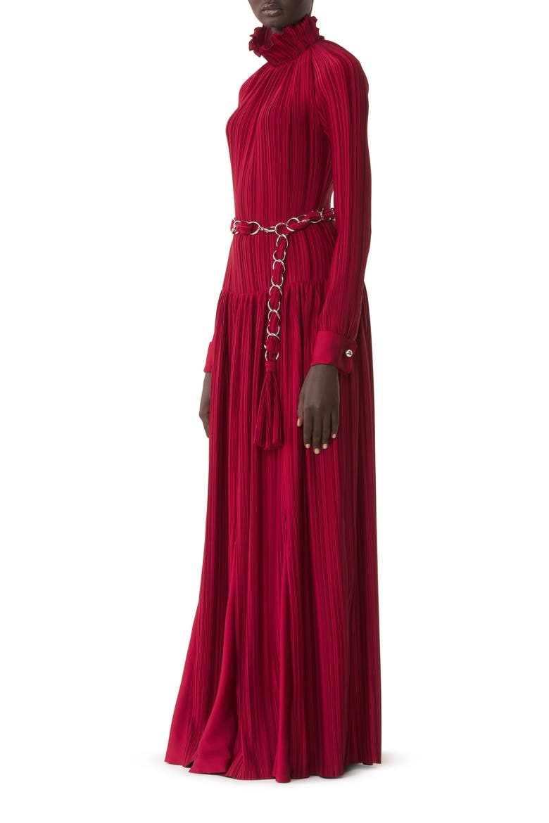 Long Pleated Charmeuse Dress, Alternate, color, Ruby