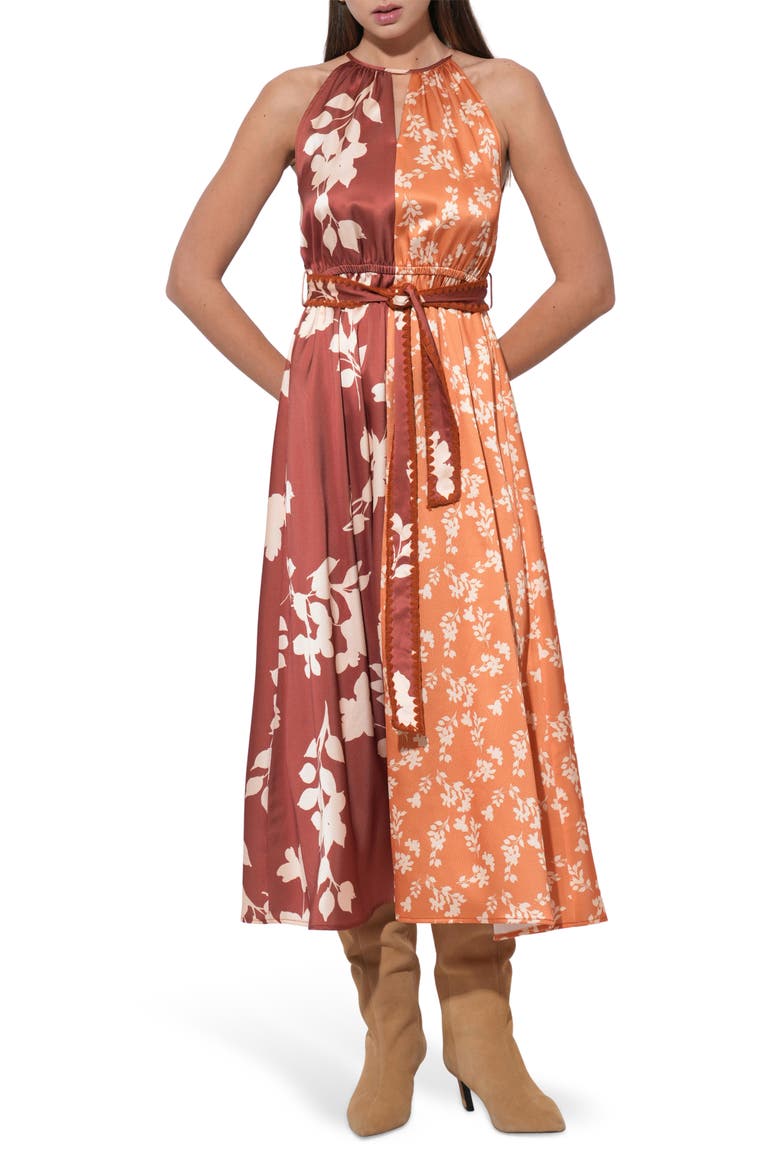 Sandi Two-Tone Mixed Floral Print Satin Dress, Main, color, MARIGOLD/ BROWN