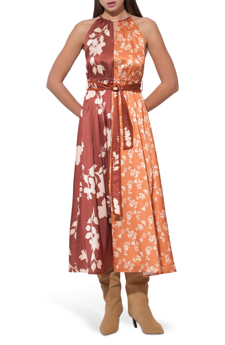 Adelyn Rae Sandi Two-Tone Mixed Floral Print Satin Dress, Main, color, Marigold/ Brown