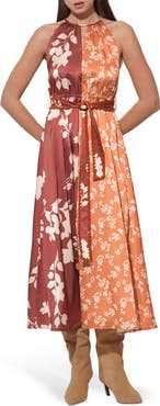 Adelyn Rae Sandi Two-Tone Mixed Floral Print Satin Dress