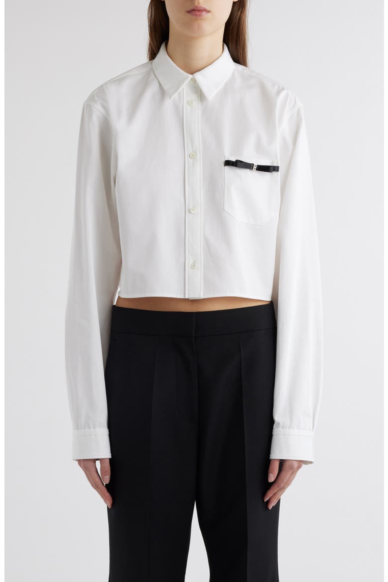 Bow Pocket Button-Up Crop Shirt, Main, color, WHITE