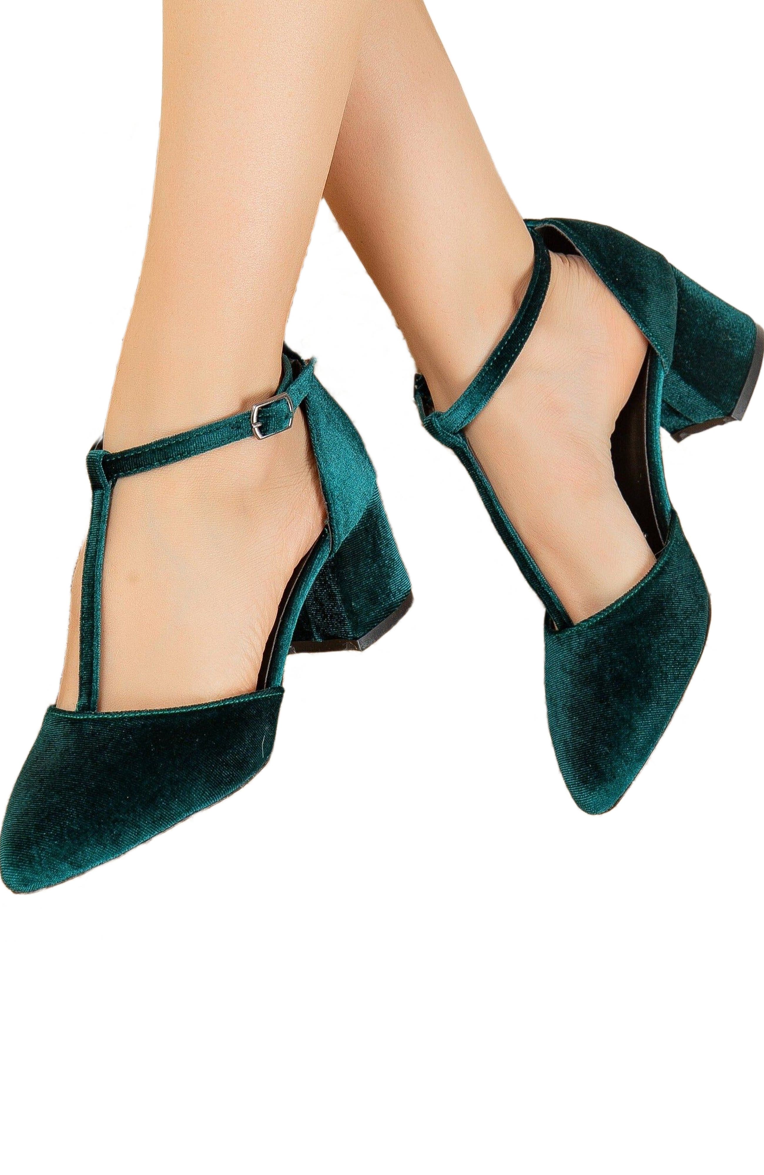 Forever & Always Shoes Anicette Velvet Mary Jane Heels, Alternate, color, Emerald Green