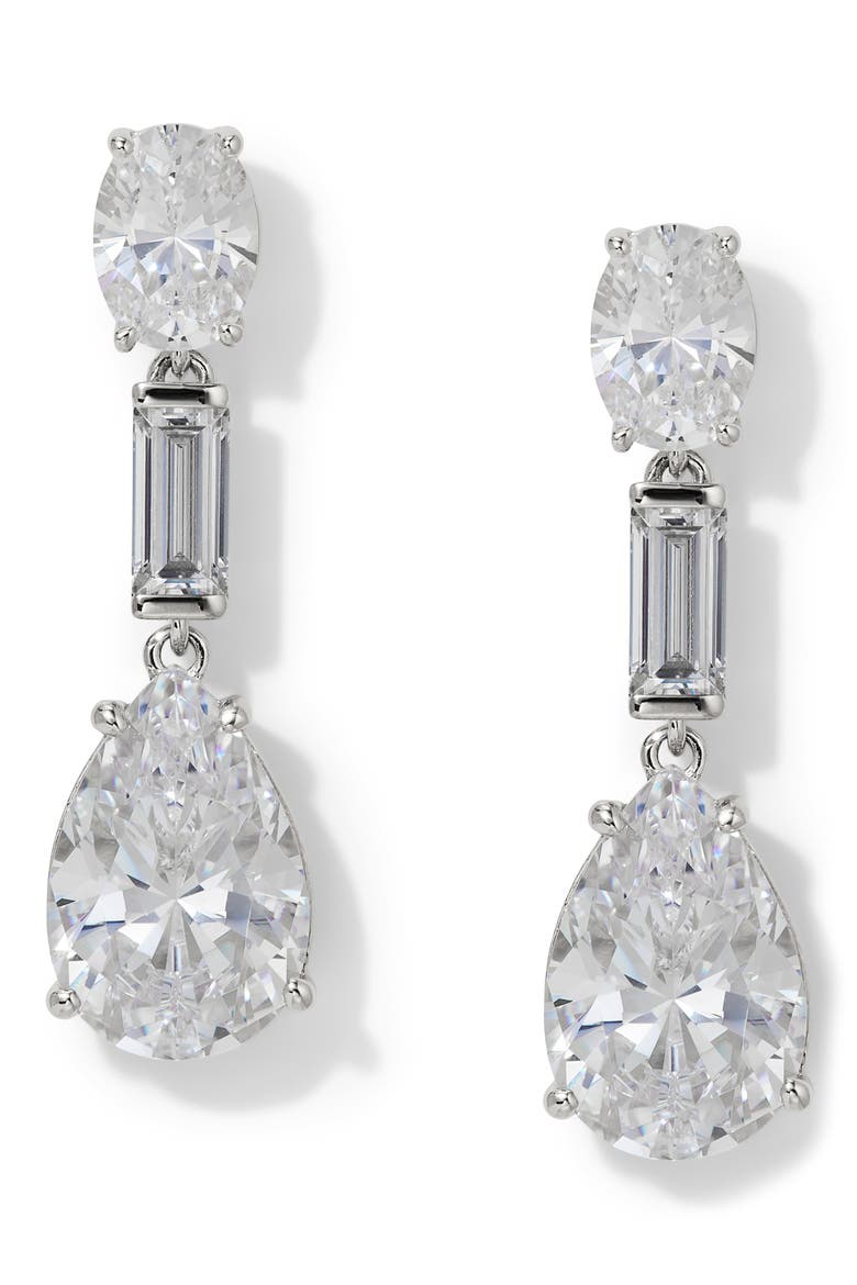 Delphine Cubic Zirconia Triple Drop Earrings, Main, color, RHODIUM