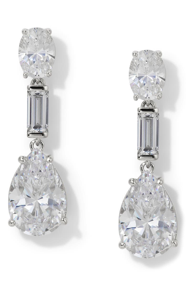 Nadri Delphine Cubic Zirconia Triple Drop Earrings, Main, color, Rhodium