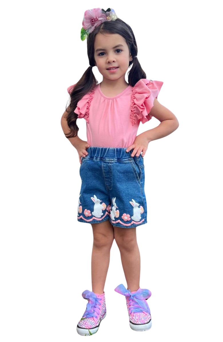Mia Belle Girls Girls Bunny Business Denim Shorts Set, Main, color, Pink