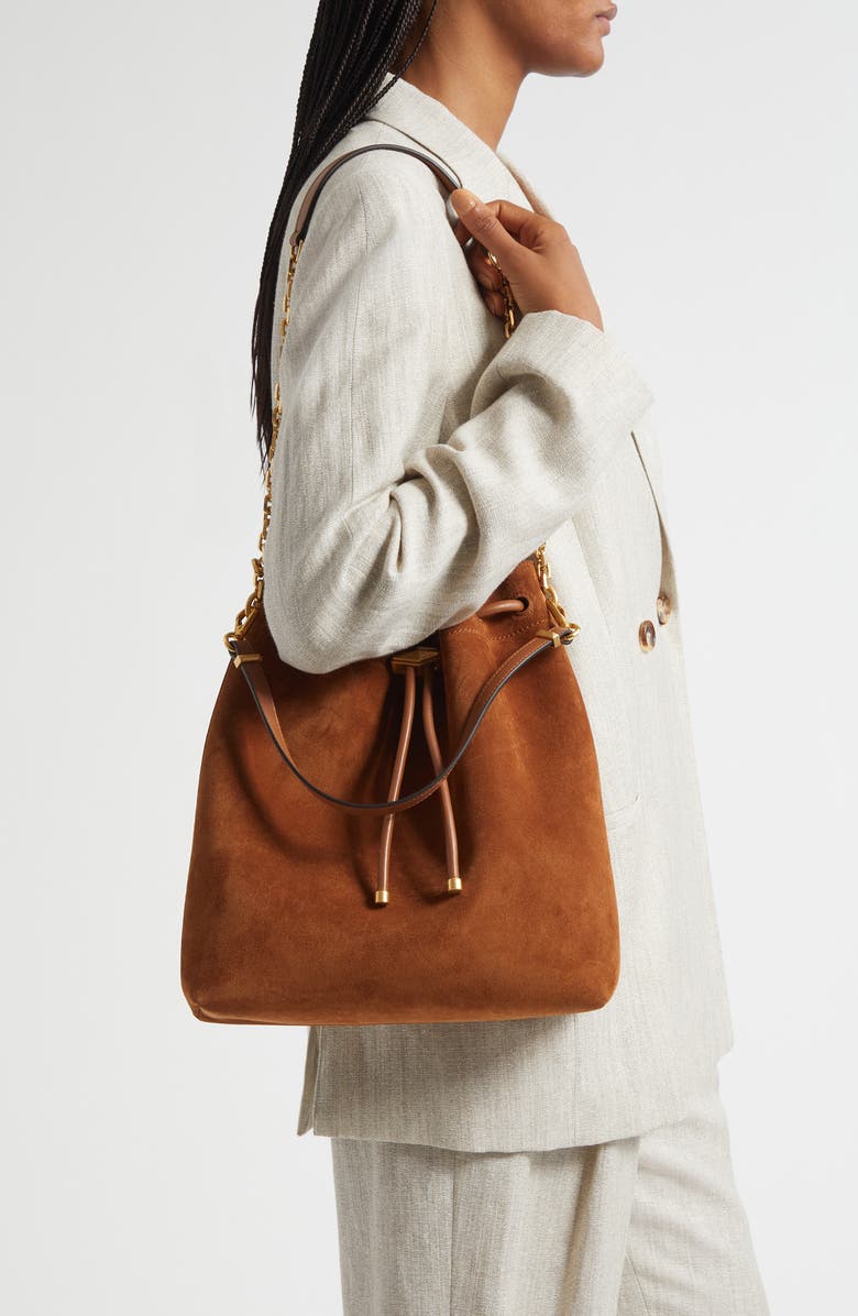 Jimmy Choo Cinch Leather Bucket Bag, Alternate, color, Tan/ Gold