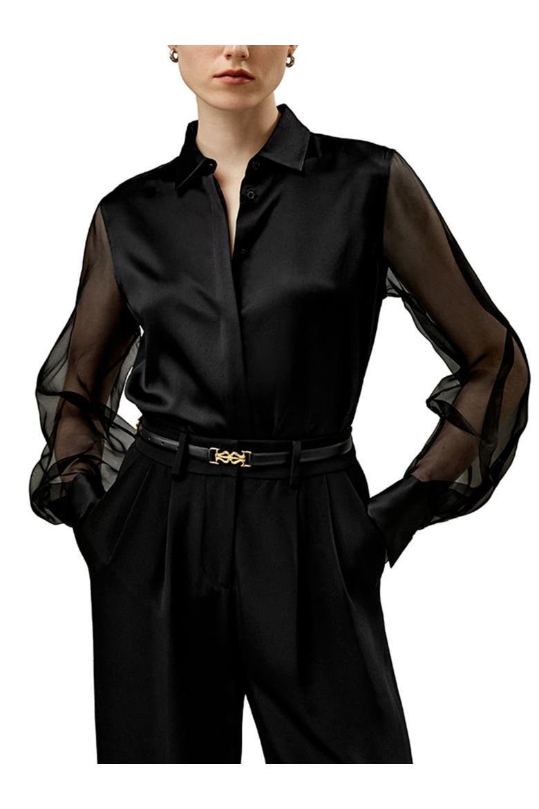 Women's Ethereal Crisp Sheer Sleeves Silk Shirt, Main, color, Black