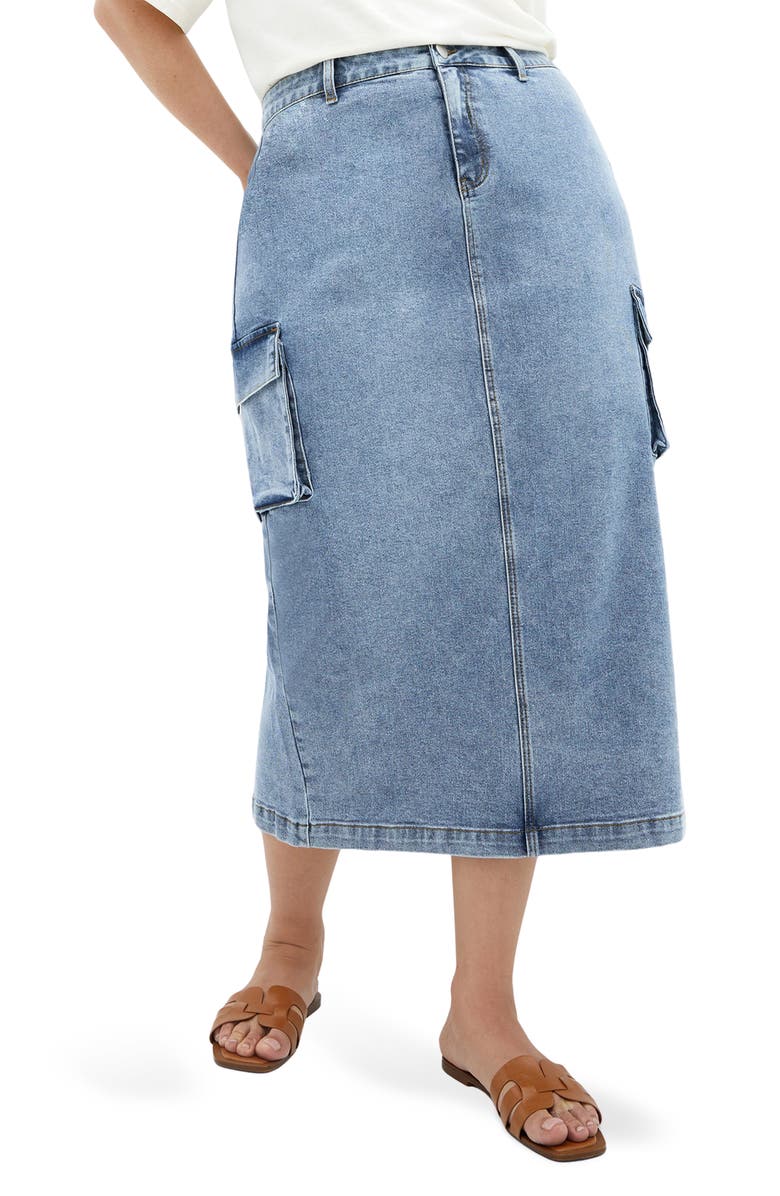 City Chic Raya Denim Midi Cargo Skirt, Main, color, 