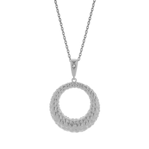 Miravel Sterling Silver 0.01 Ct Diamond Textured Circle Pendant Necklace