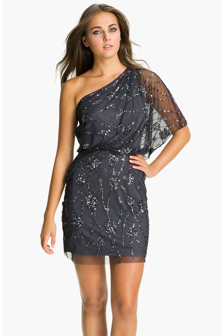 Embellished One Shoulder Mesh Dress, Main, color, CHARCOAL