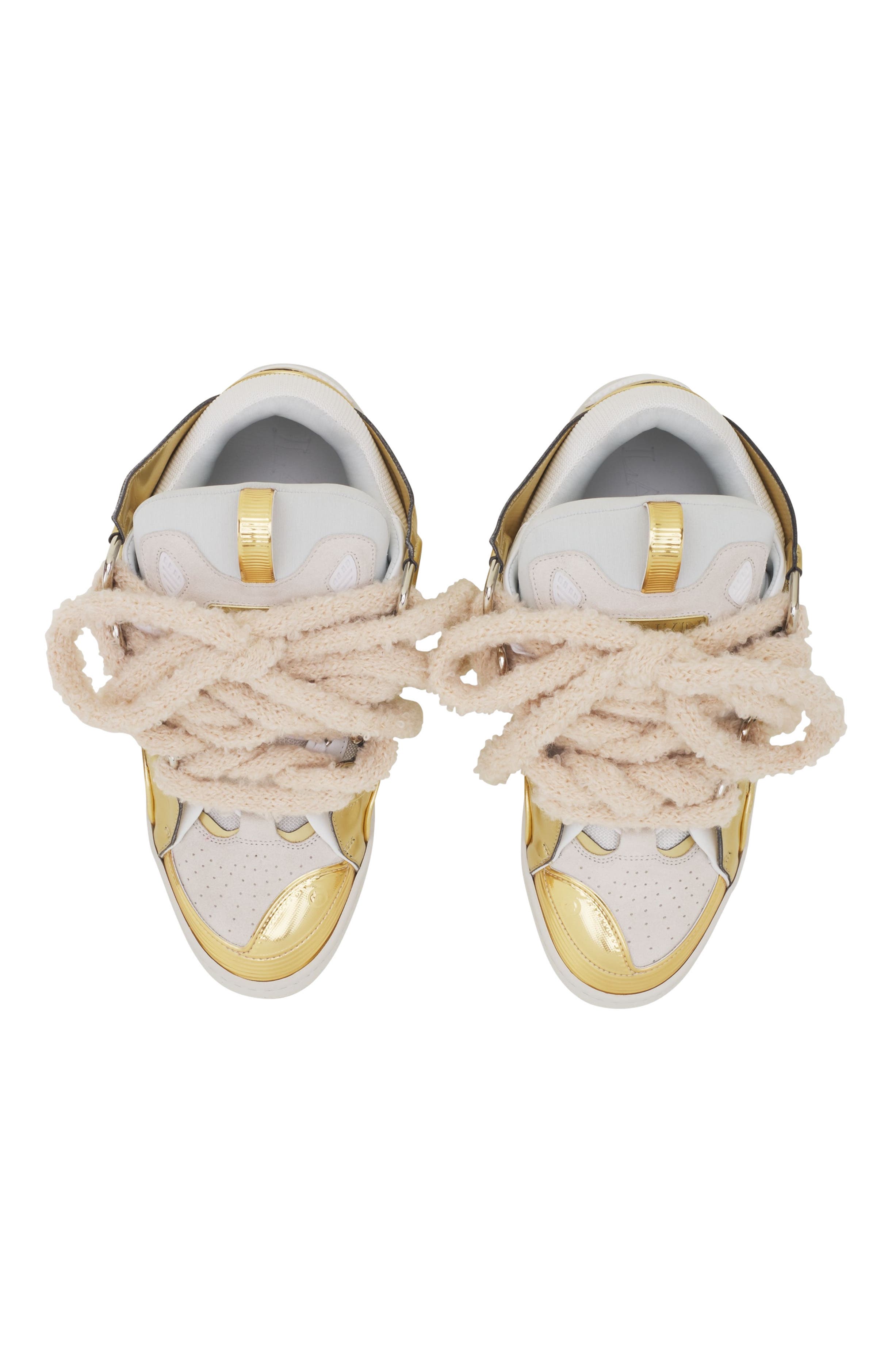 Lanvin Curb Metallic Leather Sneakers With Mesh Laces, Alternate, color, Gold