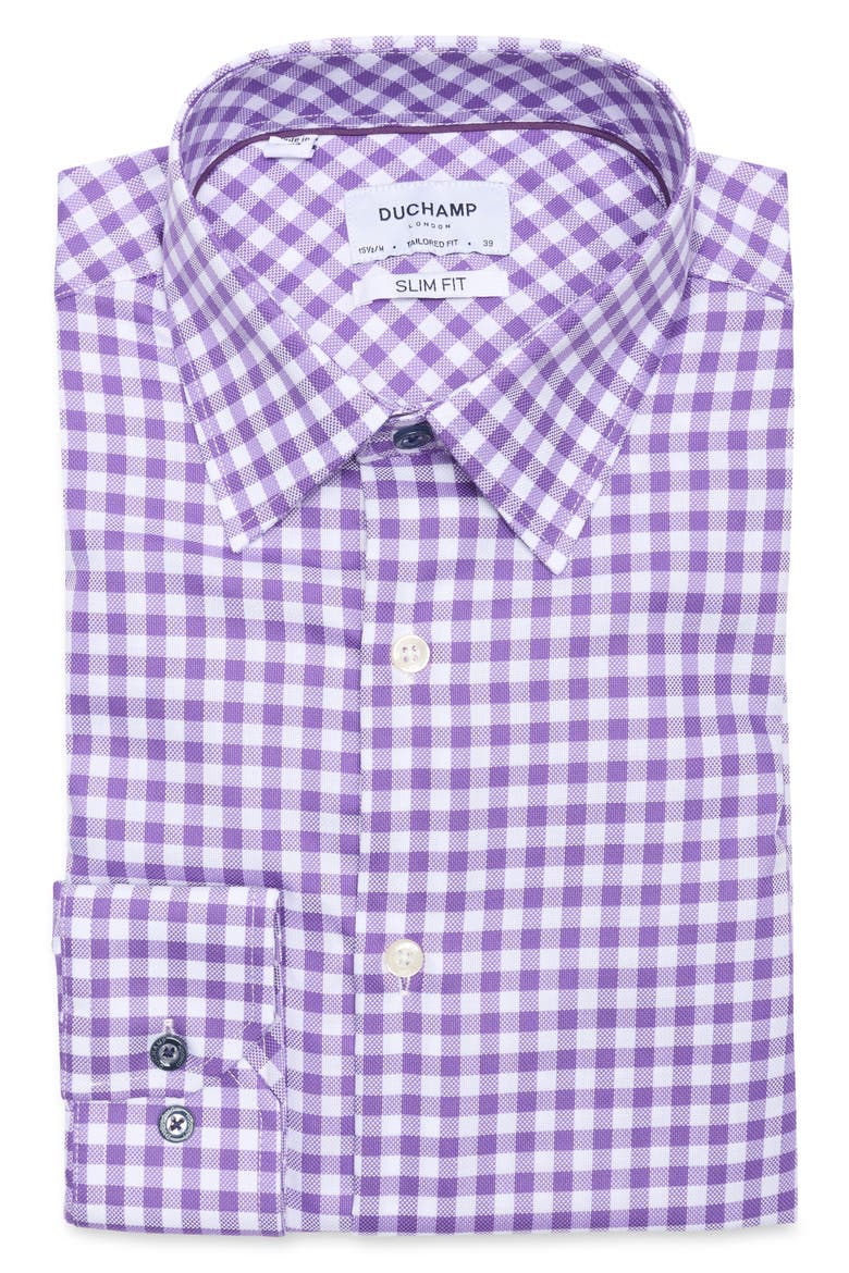 Slim Fit Check Stretch Cotton Dress Shirt, Alternate, color, PURPLE
