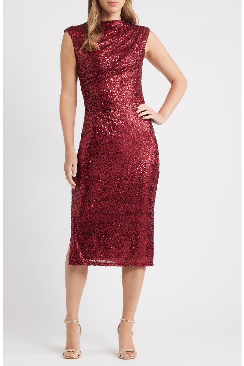 Draped Sleeveless Sequin Sheath Midi Dress, Main, color, TITIAN RED