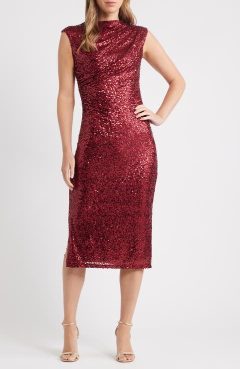 Draped Sleeveless Sequin Sheath Midi Dress