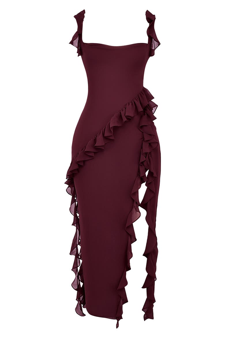 Ariela Ruffle Side Slit Gown, Alternate, color, MULBERRY