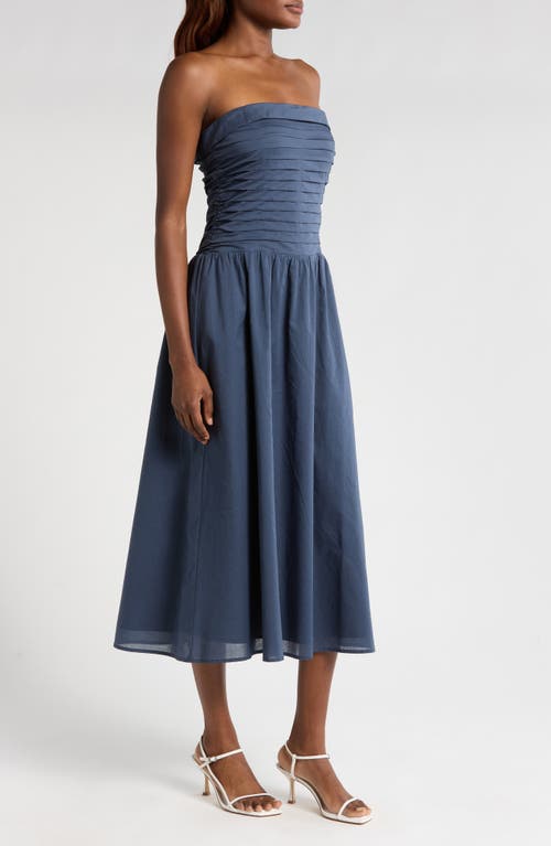 Wayf Olivia Pleated Bodice Convertible Strapless Cotton Midi Dress In Stone Blue
