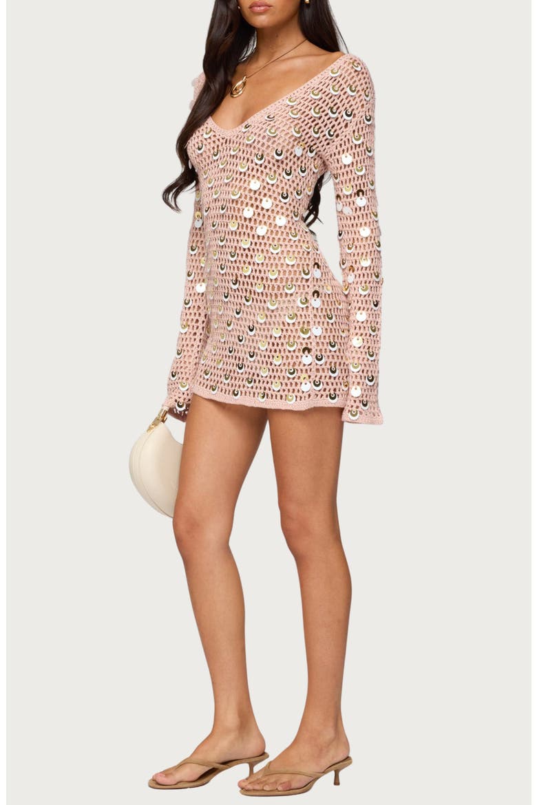 Corea Long Sleeve Sequin Crochet Minidress, Alternate, color, PINK