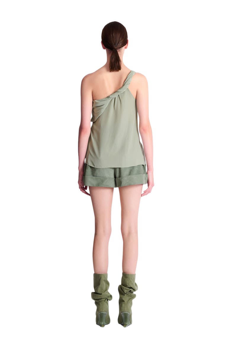 Draped one-shoulder silk crepe top, Alternate, color, green