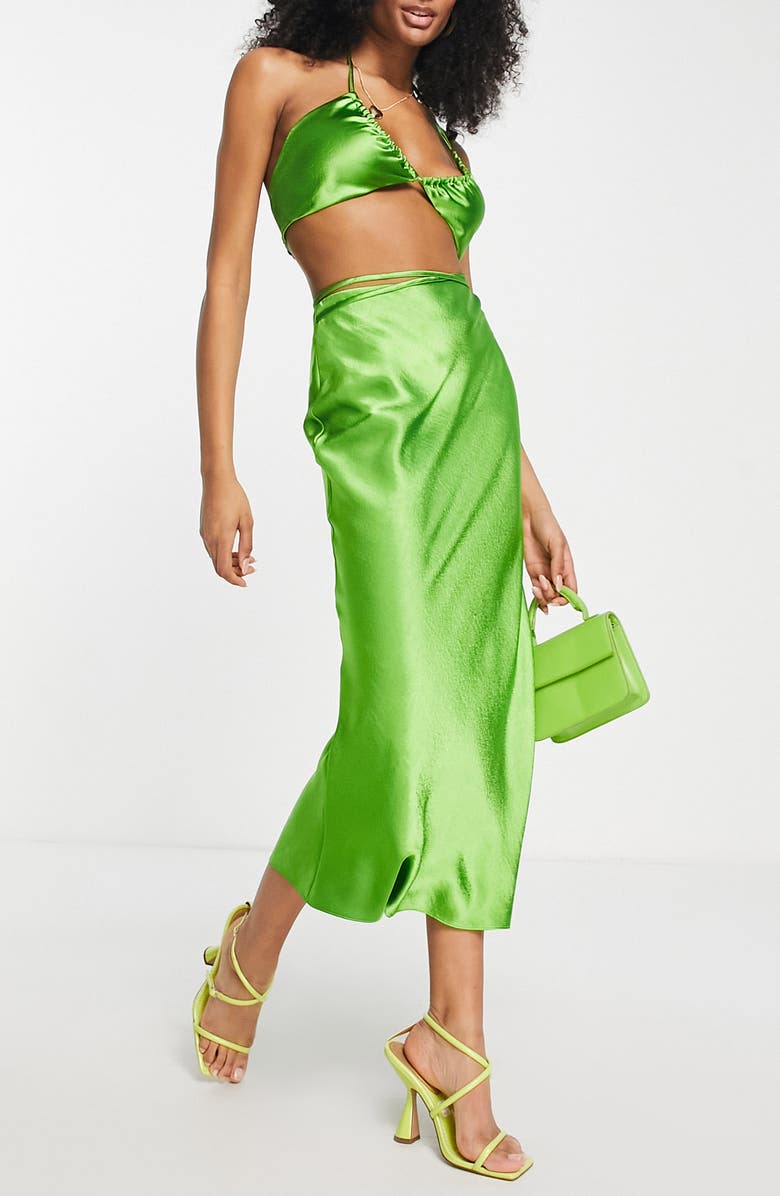 Topshop Tie Waist Satin Midi Skirt, Alternate, color,