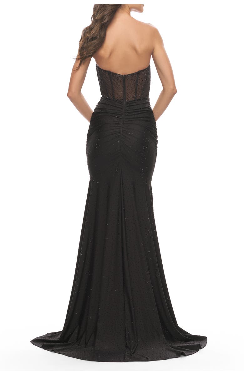 La Femme Rhinestone Embellished Gown with Ruched Skirt, Alternate, color, Black
