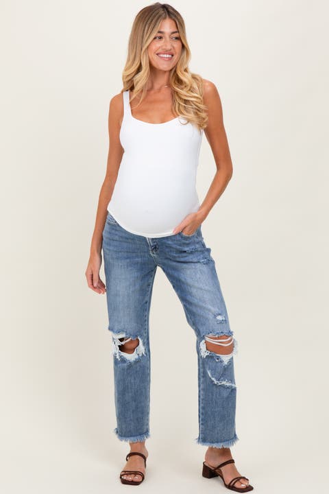 Ripped Knee Fringe Hem Straight Leg Maternity Ankle Jeans