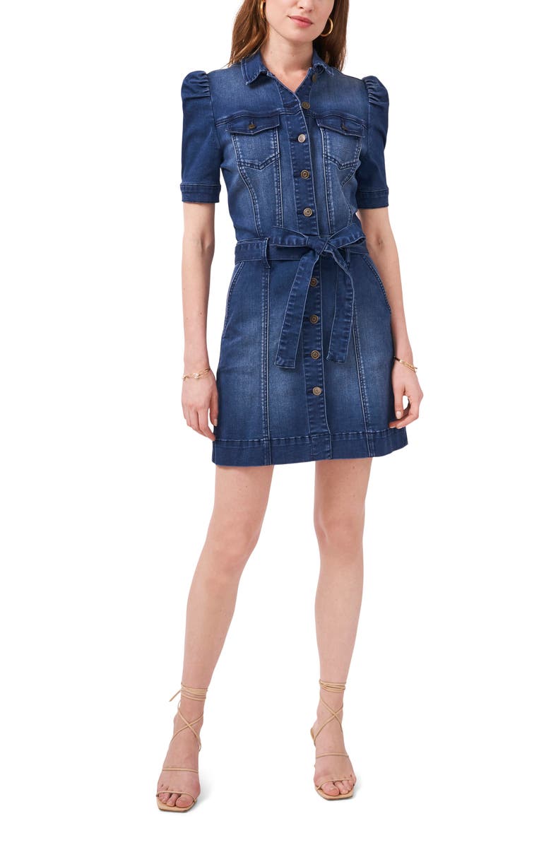 1.STATE Puff Sleeve Tie Waist Denim Shirtdress, Main, color, Indigo Wash