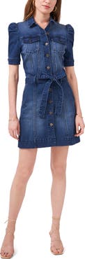1.STATE Puff Sleeve Tie Waist Denim Shirtdress