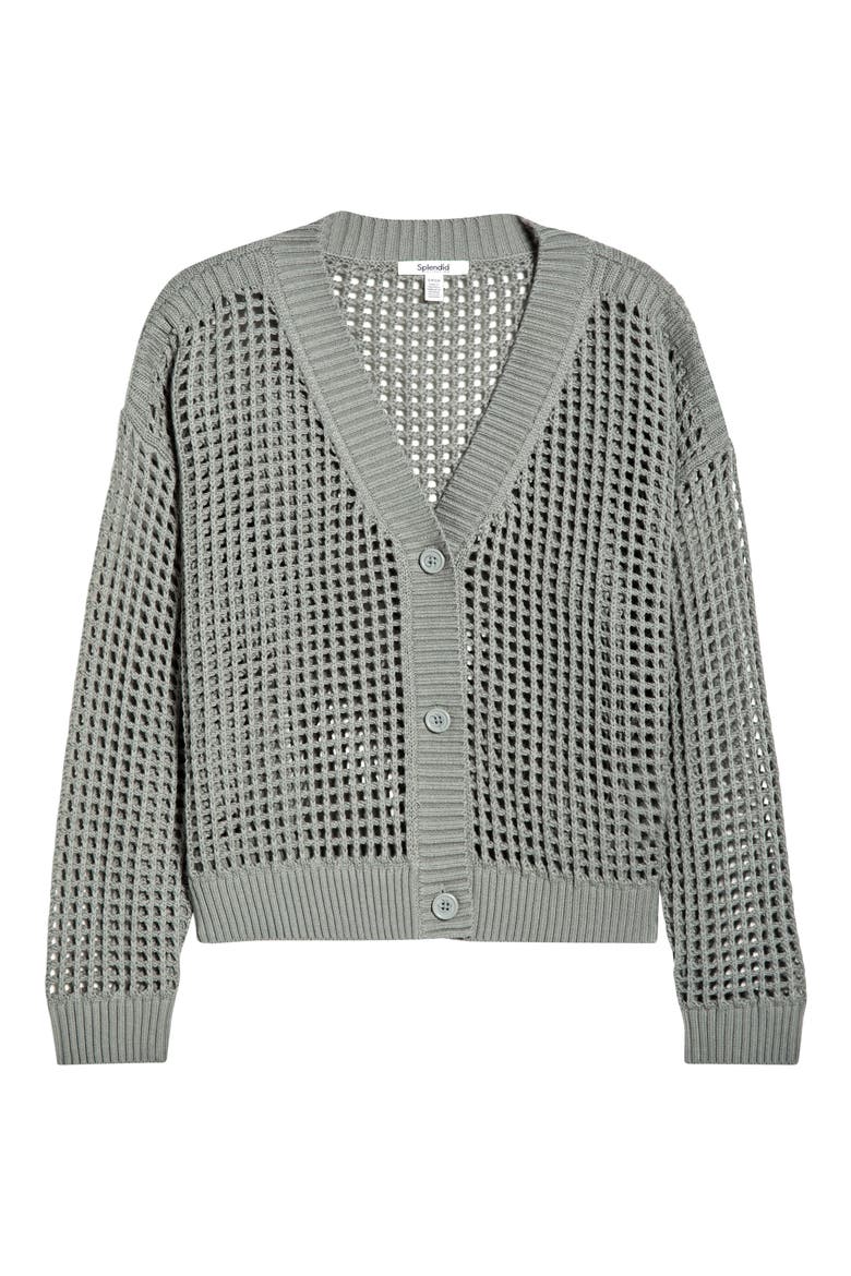 Camellia Openwork V-Neck Cotton Blend Cardigan, Alternate, color, EUCALYPTUS GREEN