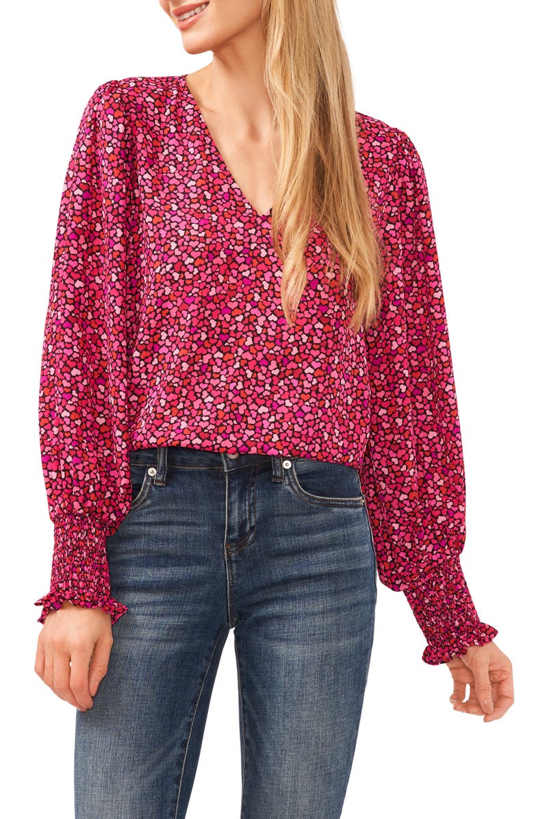 CeCe Heart Print Smocked Cuff V-Neck Top, Main, color,