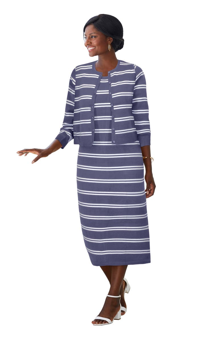 Jessica London Two Piece Sweater Dress Set, Main, color, Deep Dusk Double Stripe