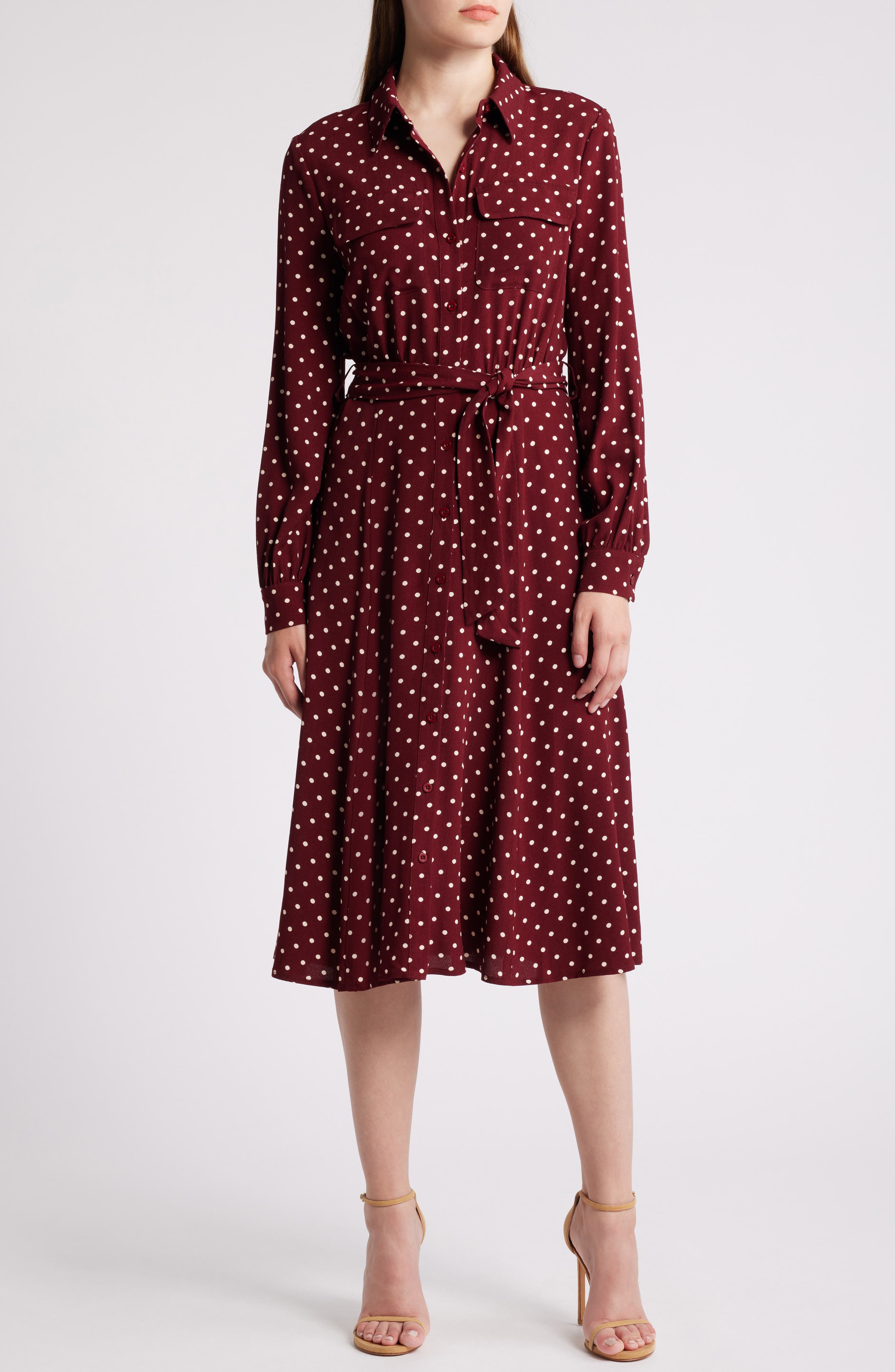 Charles Henry Polka Dot Long Sleeve Shirtdress in Aubergine Polka Dot 