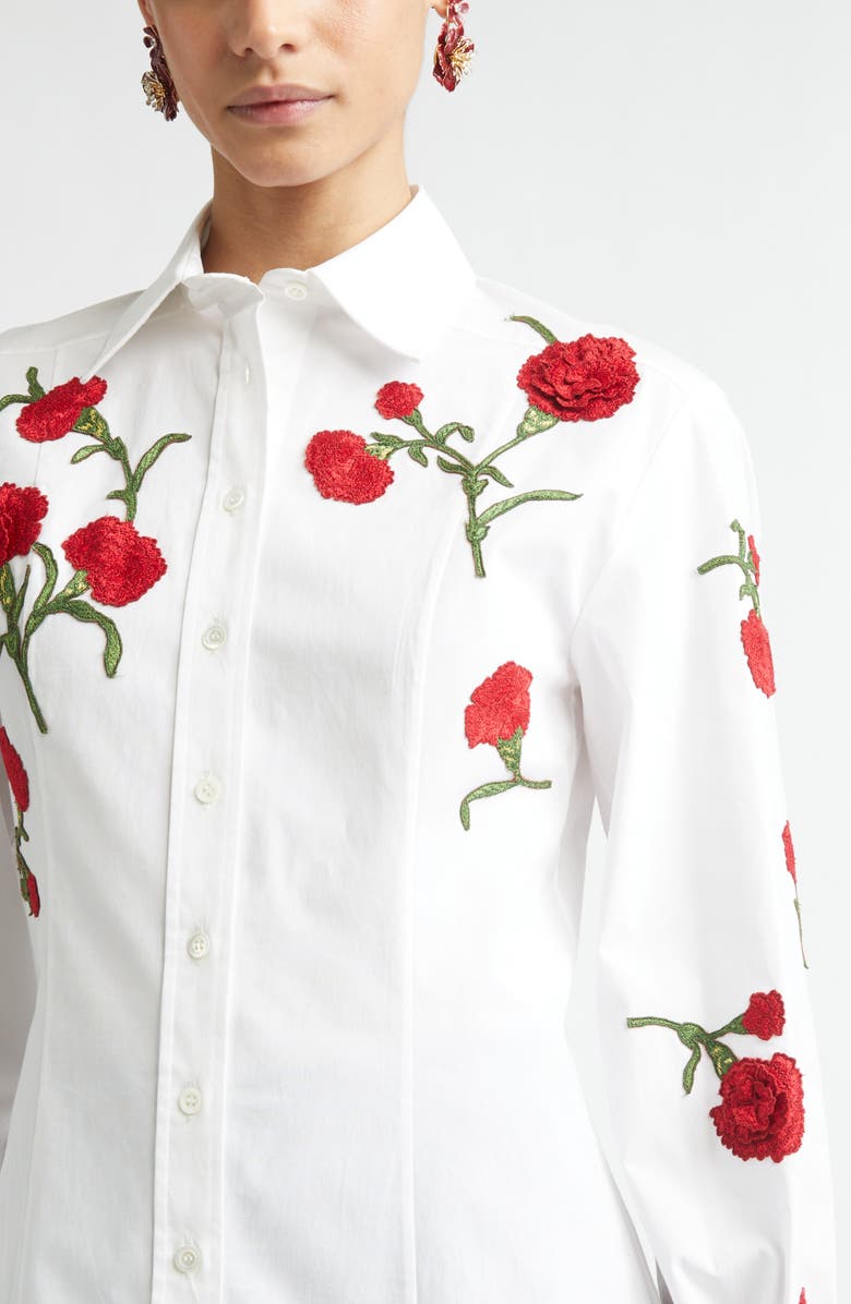 Carolina Herrera Isabella Rose Embroidered Stretch Poplin Button-Up Shirt, Alternate, color, White Multi