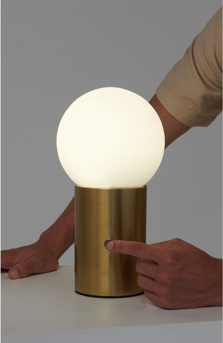 Brightech Kai 11" Modern Frosted Glass Orb Table Lamp with USB Charging Port and Built-In 3-Way Dimmer, Alternate, color, Antique Brass