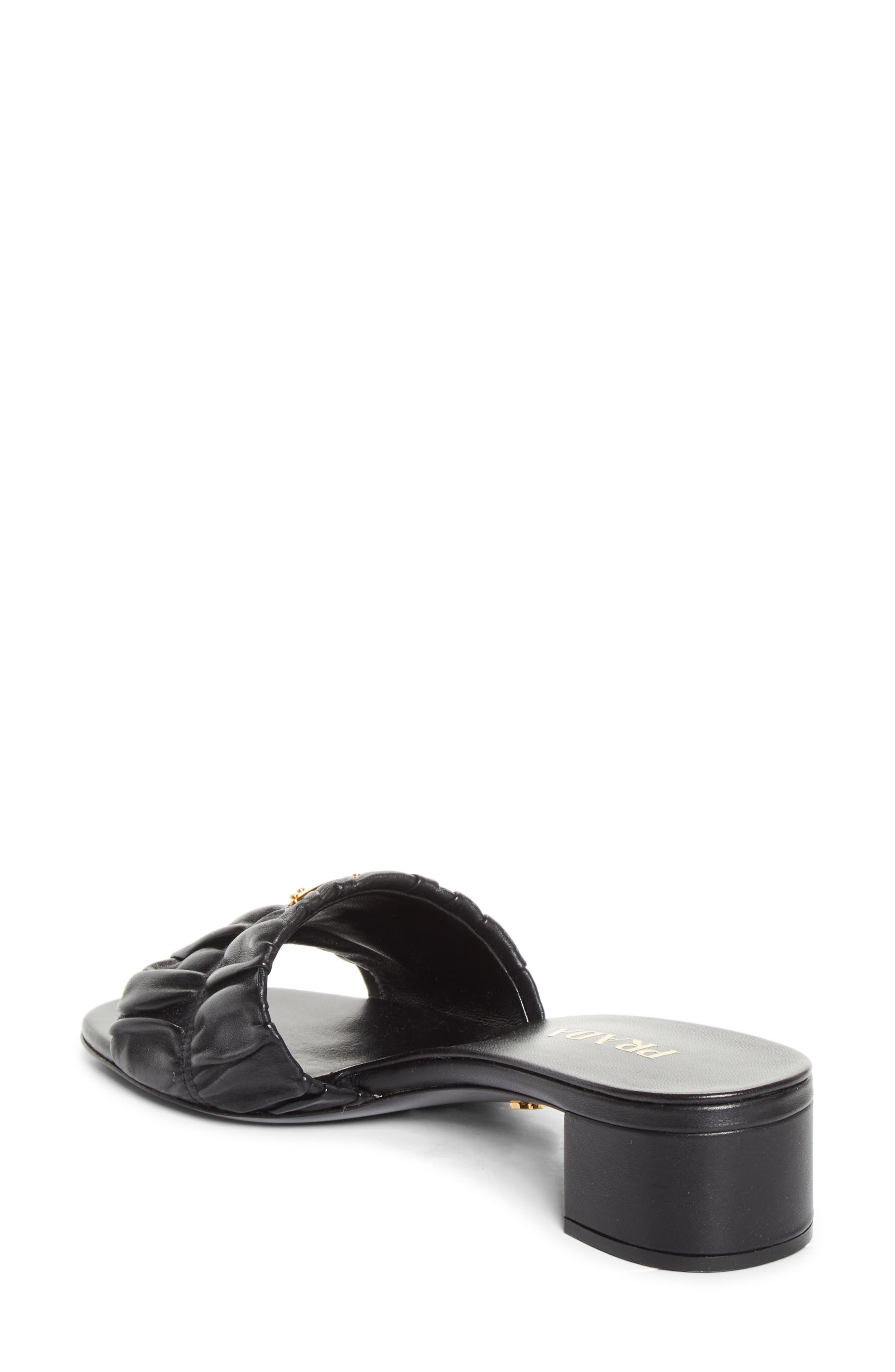 Prada Ruched Logo Sandal, Alternate, color, Nero