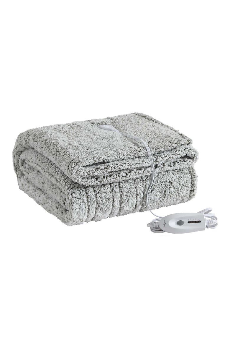 Lookout Mountain Tipped Faux Shearling Heated Blanket, Main, color, DARK GREEN